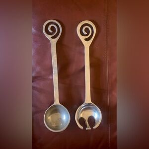 Vintage aluminum salad utensils fork spoon silver  kitchen Art deco large 13x3”